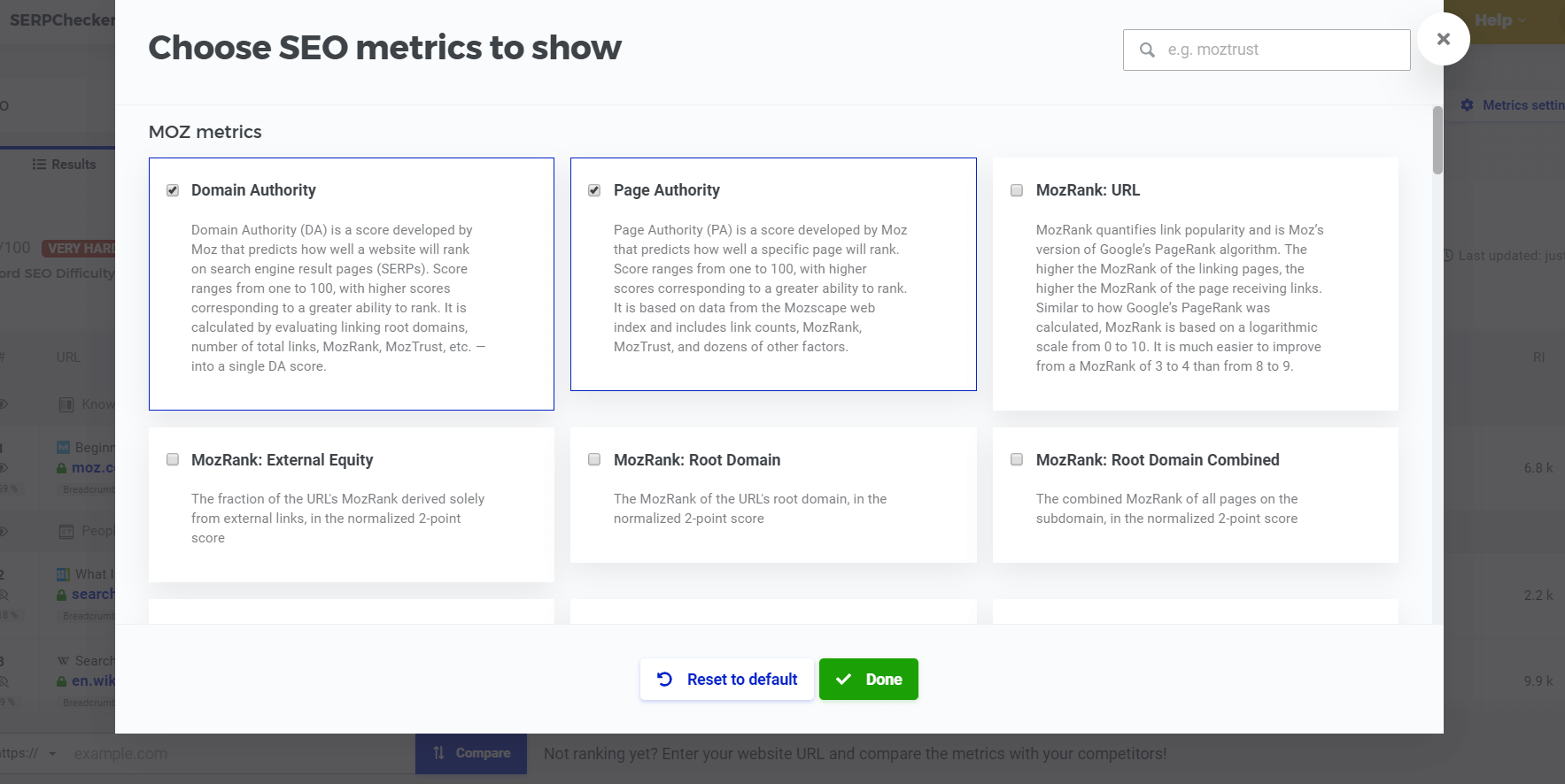 SERPChecker metrics settings