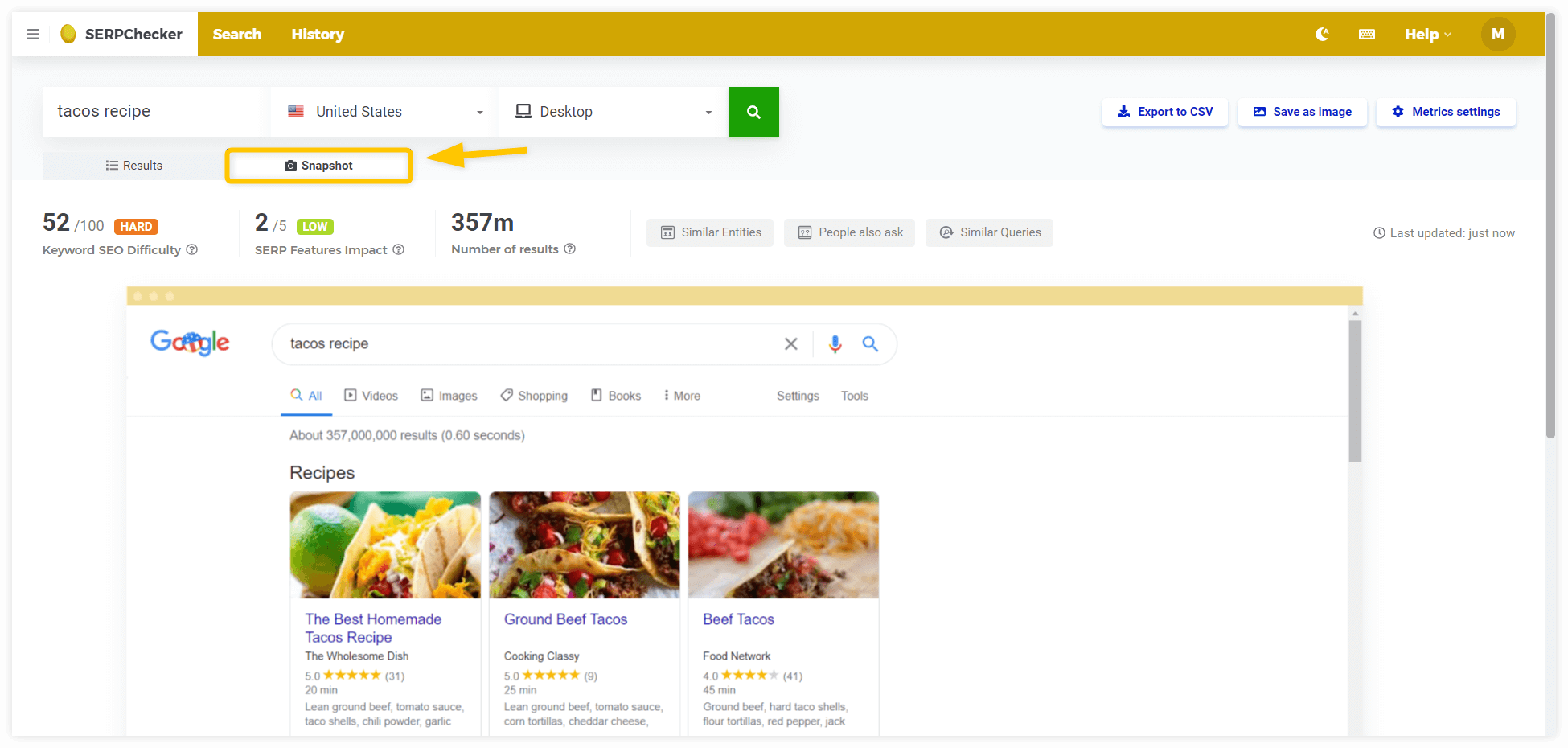 Taking "snapshot" of the SERP in SERPChecker - example
