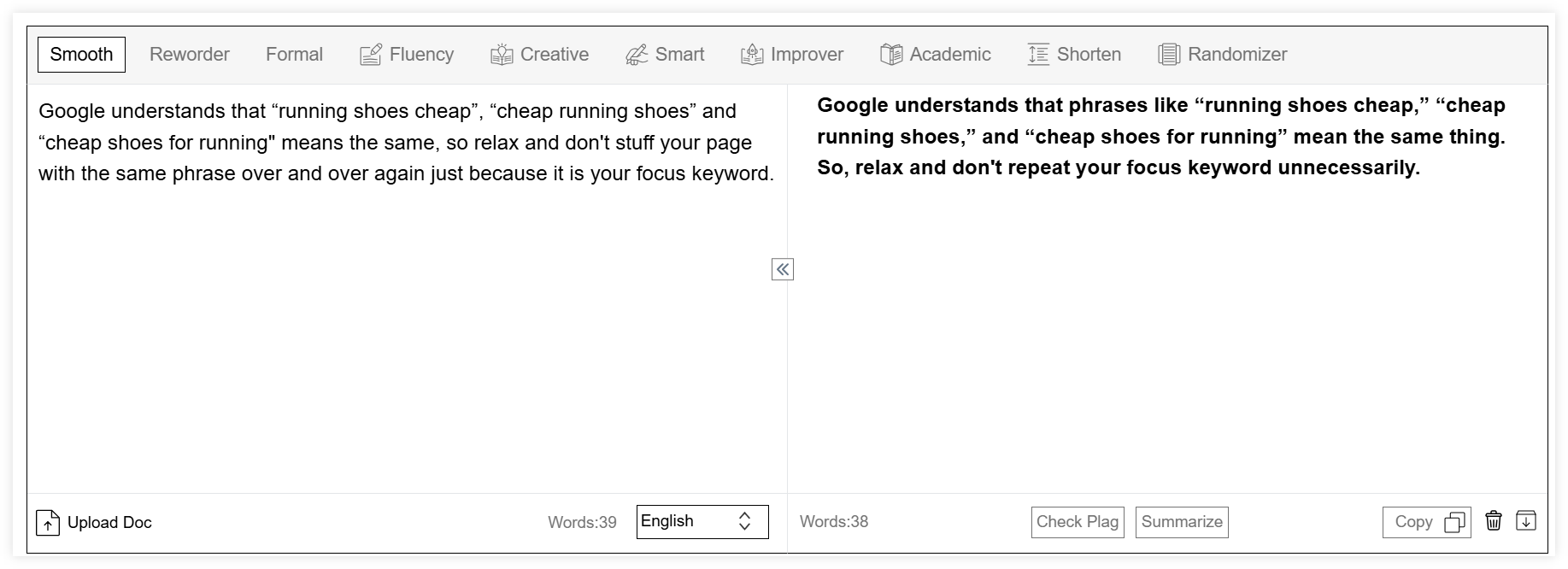 Editpad Paraphrasing Tool - example